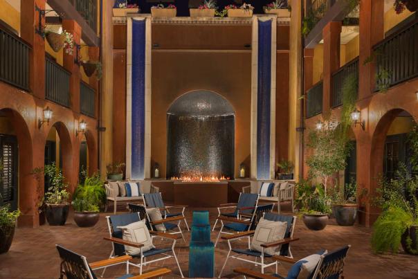 Hotel courtyard with arches and seating