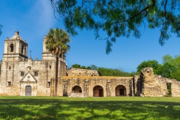San Antonio Mission with palm tree at its side.