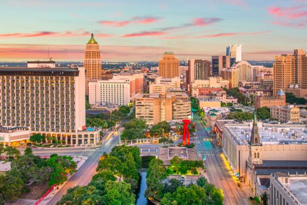 San Antonio Skyline with Torch of Friendship at center.