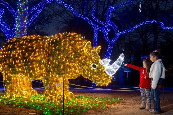 Children pointing at artificial holiday rhino adorned with lights