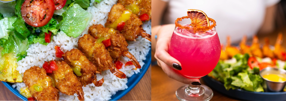 photo split of food platter and drink