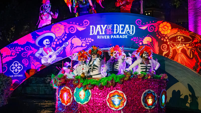 River barge decorated for Day of the Dead River Parade at San Antonio River Walk.