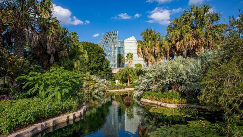 Greenery around large greenhouse at botanical garden