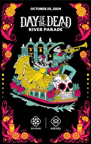 Illustration of calaveras dressed as mariachis and folklorico dancers.