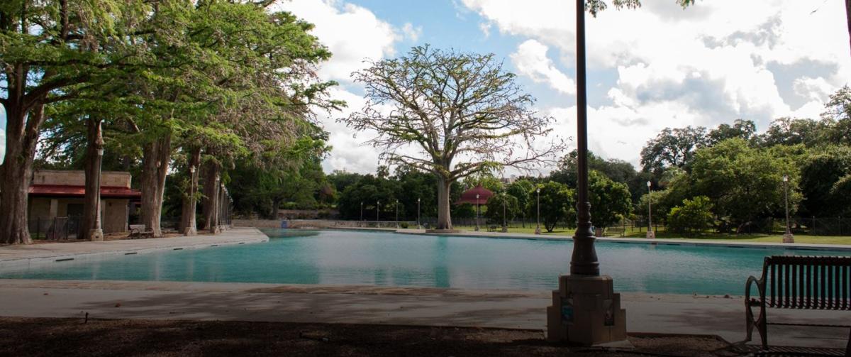 Park with trees and swimming pool