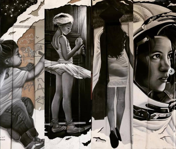 Mural of girl in different stages of age by Mike "Comp" Arguello.