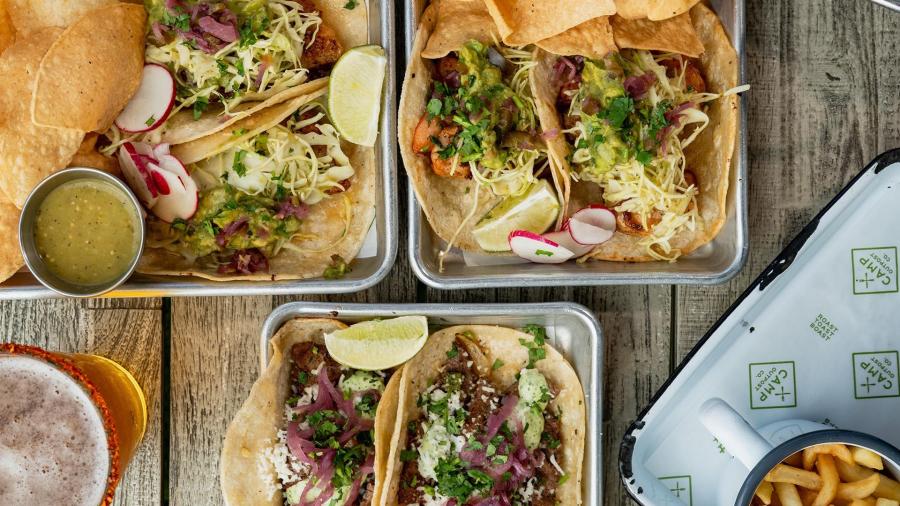 food spread of tacos at Camp Outpost Co.