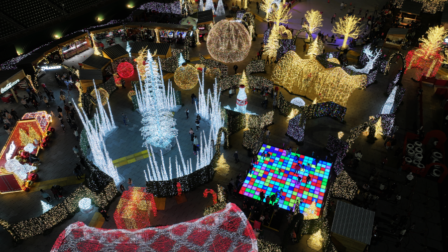 Overhead view of Christma lights at Coca-Cola Classic Christmas in San Antonio.
