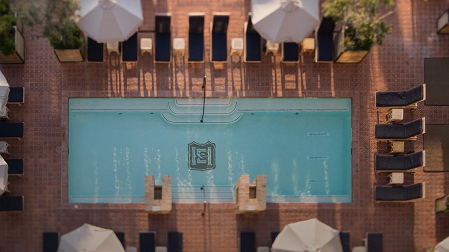 Overhead view of swimming pool at Hotel Emma.