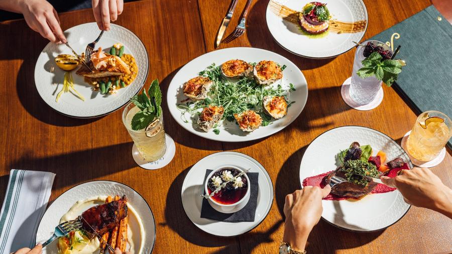 food spread and cocktails at Gunter Hotel