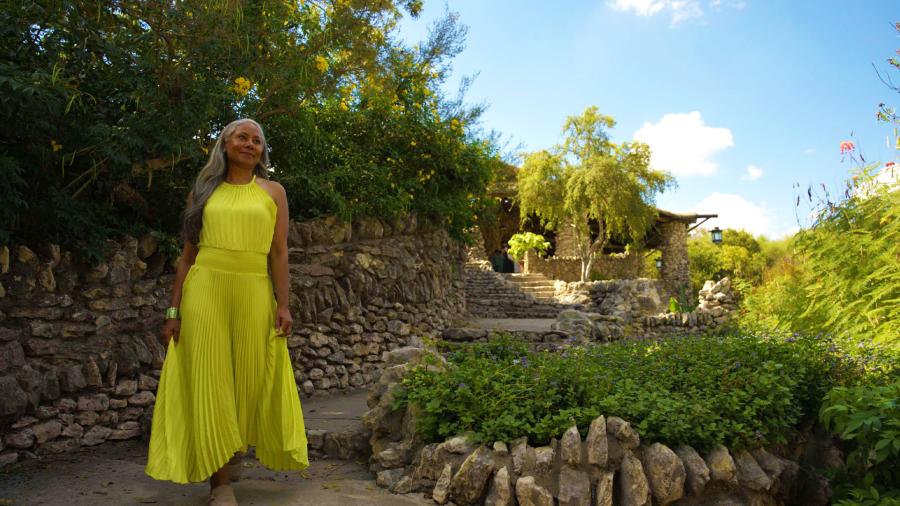Woman in yellow dress at Japanese Tea Garden.
