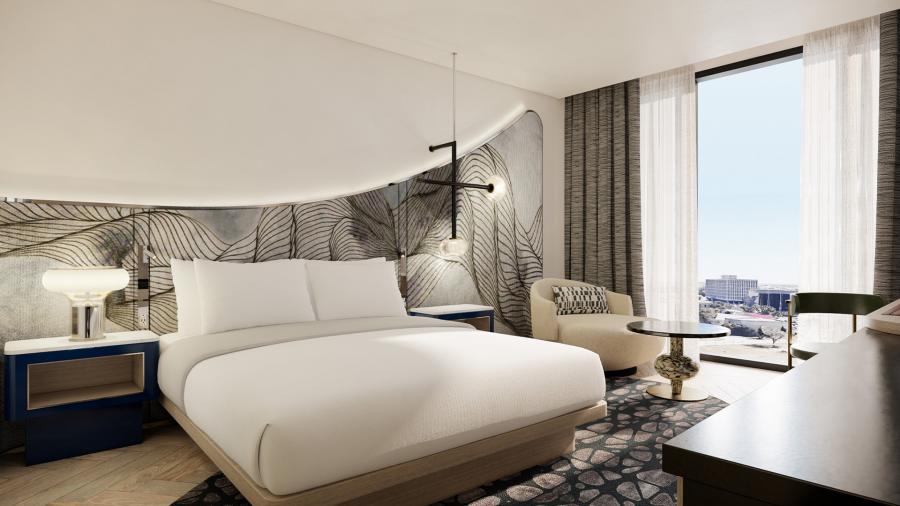 Monarch hotel bedroom rendering of single bed room.