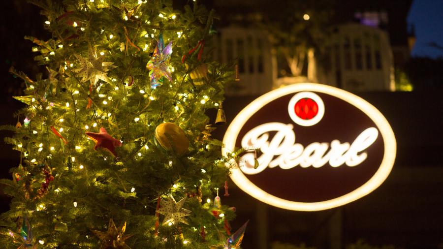 Christmas tree lit up at night at Pearl in San Antonio.