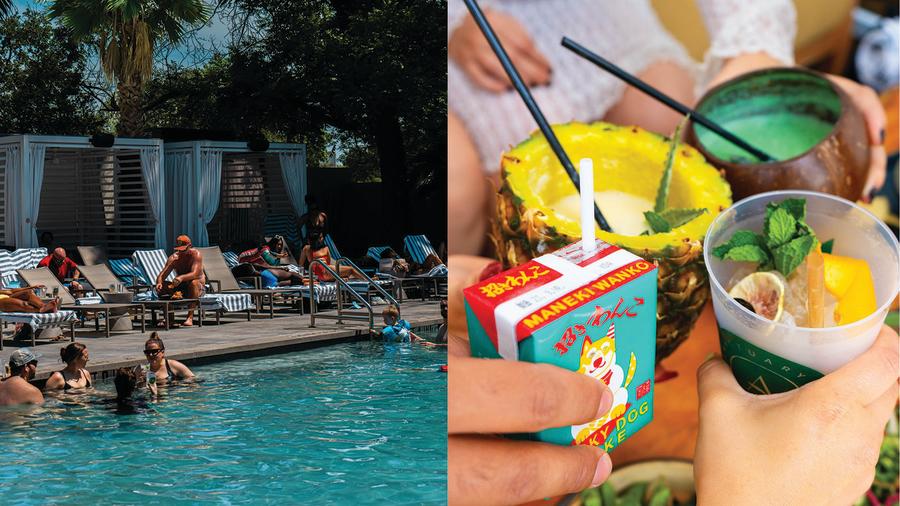 photo split of pool & drinks being cheered