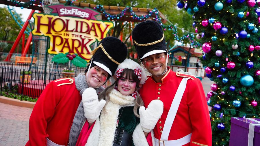 Costumed characters dressed as nutcrackers and Christmas elves at Holiday in the Park at Six Flags Fiesta texas.