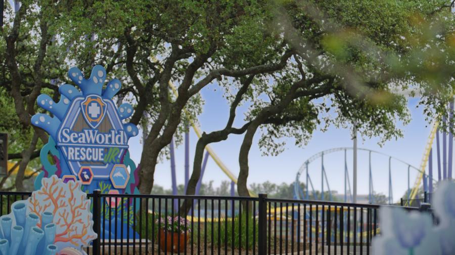 Rescue Jr. signage in front of roller coaster at SeaWorld San Antonio.