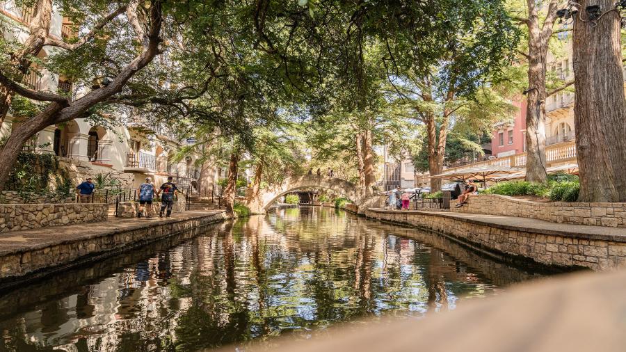 San Antonio River Walk during the Day with Selena Bridge