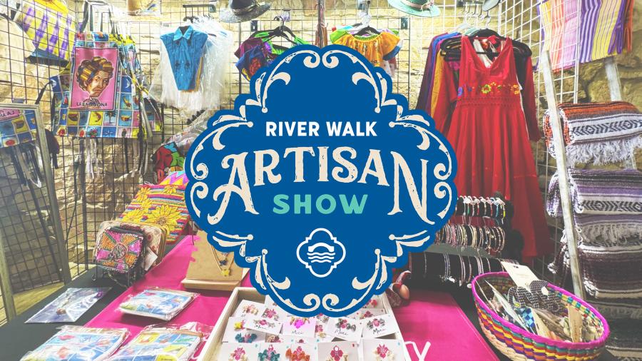 Vendor table with River Walk Artisan Show logo overlay.