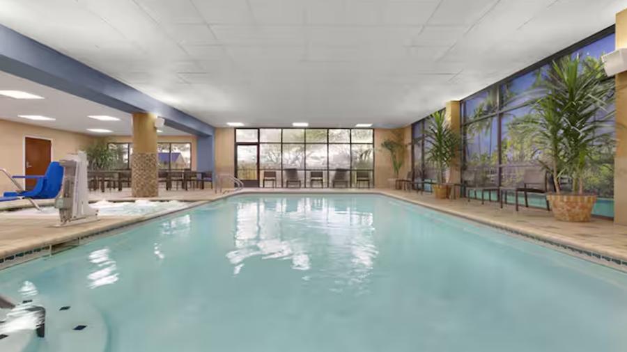 Indoor hotel pool with accent potted plants.