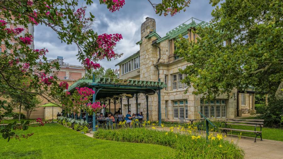 Historic building with patio seating