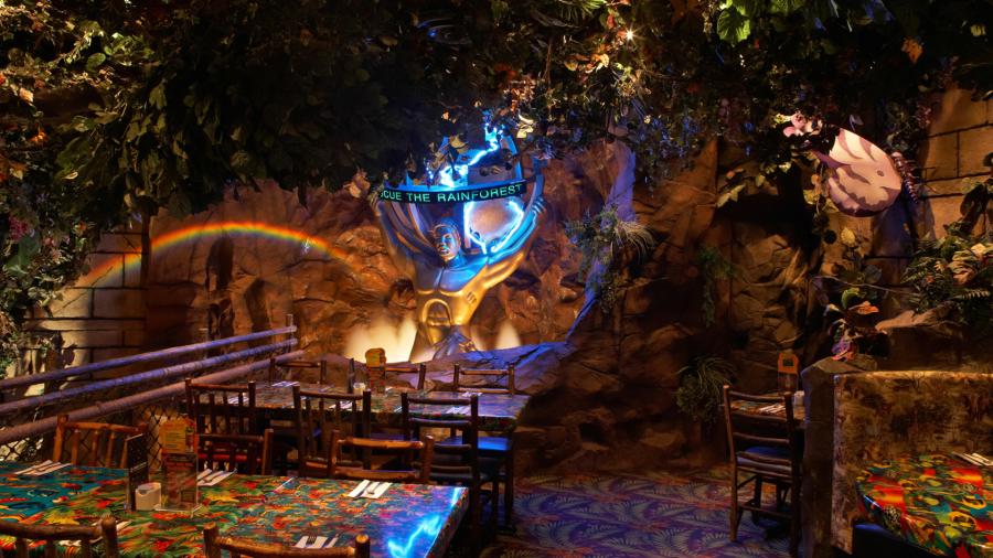 Dining room with fake trees