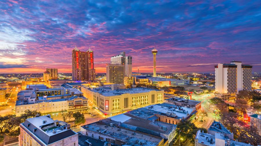 Overhead view of San Antonio skyline at dusk