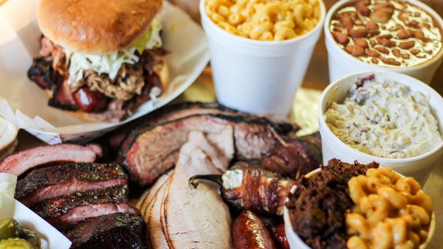 Overhead view of barbecue spread