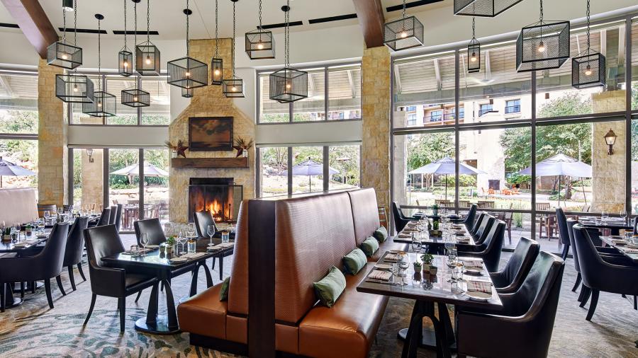 View of hotel dining area with large windows