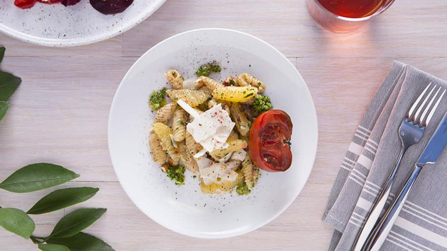 Overhead view of pasta salad in bowl