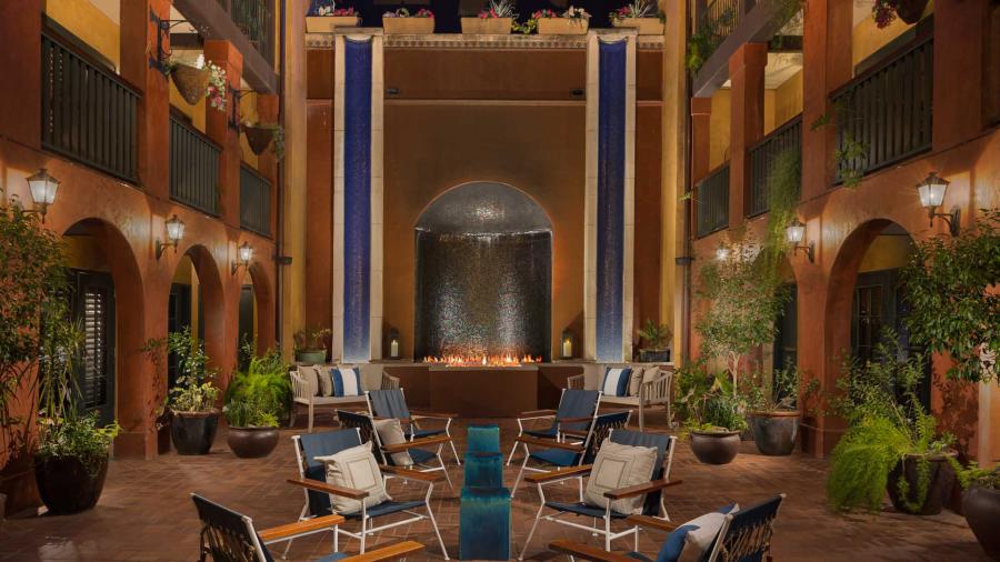 Hotel courtyard with arches and seating