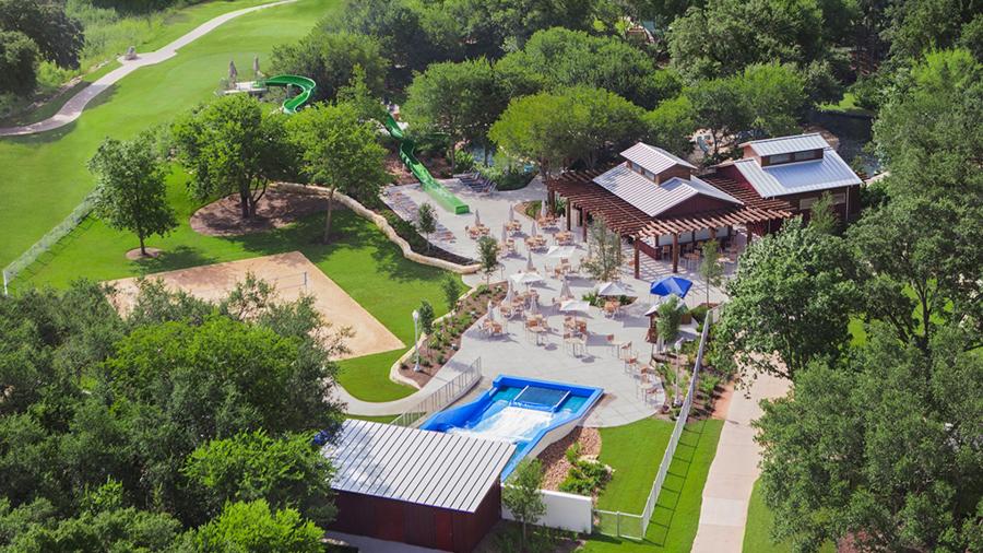 Bird's eye view of hotel resort with pool