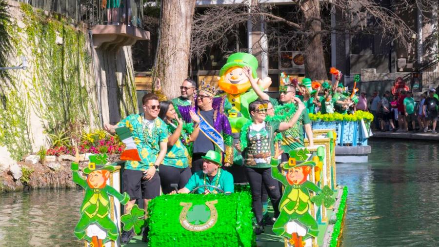 Parade float decorated in green decor for St. Patrick's Day