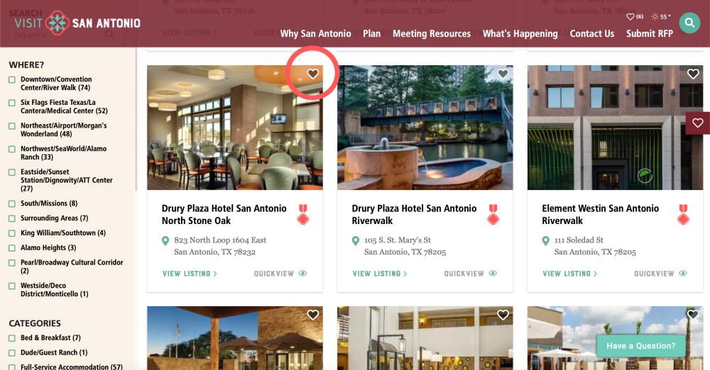 Screenshot of Visit San Antonio Hotels listing page with circle around heart icon