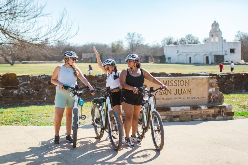 3 Friends with Bikes in front of Mission San Jose