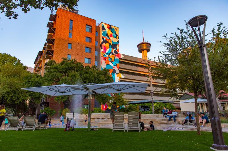 Hemisfair San Antonio grounds with Tower of the Americas in background