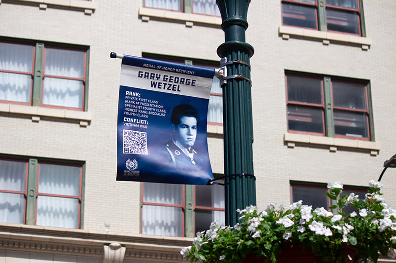 Banner flag with information on soldier