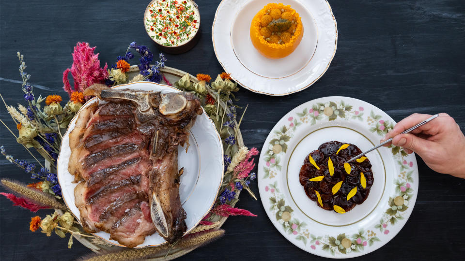 Overhead view of meats and dishes