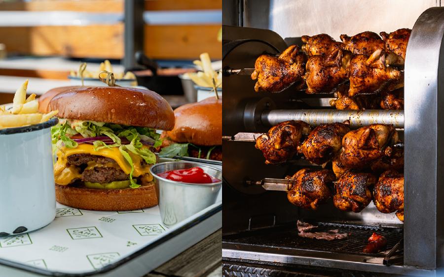 a burger and rotisserie chicken station at Camp Outpost Co.