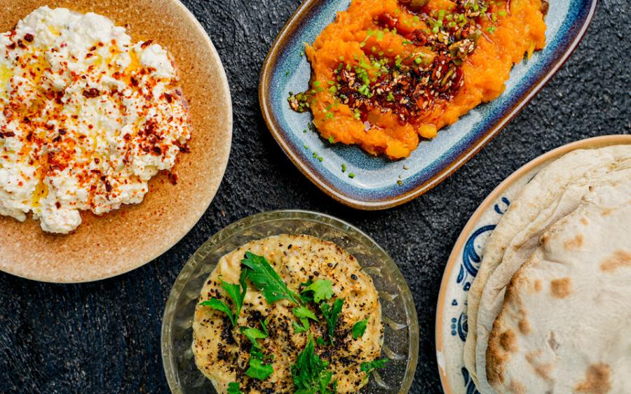 Overhead view of food spread