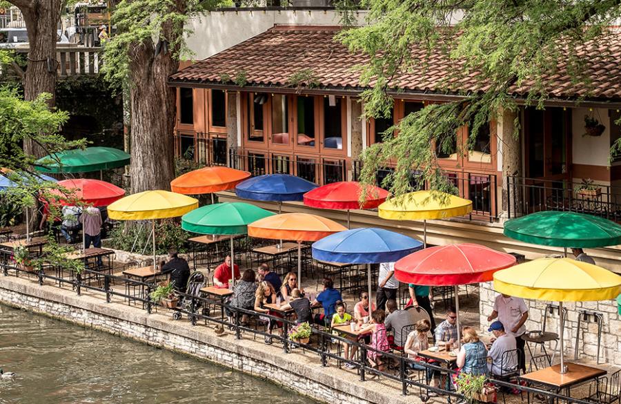 Casa Rio River Walk View with Iconic Umbrellas