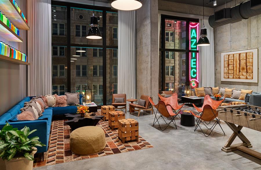 Lobby area with trendy seating and foosball table