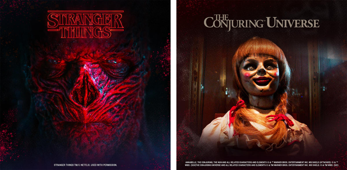 Side by side still images from shows "Stranger Things" and "Annabelle" movie