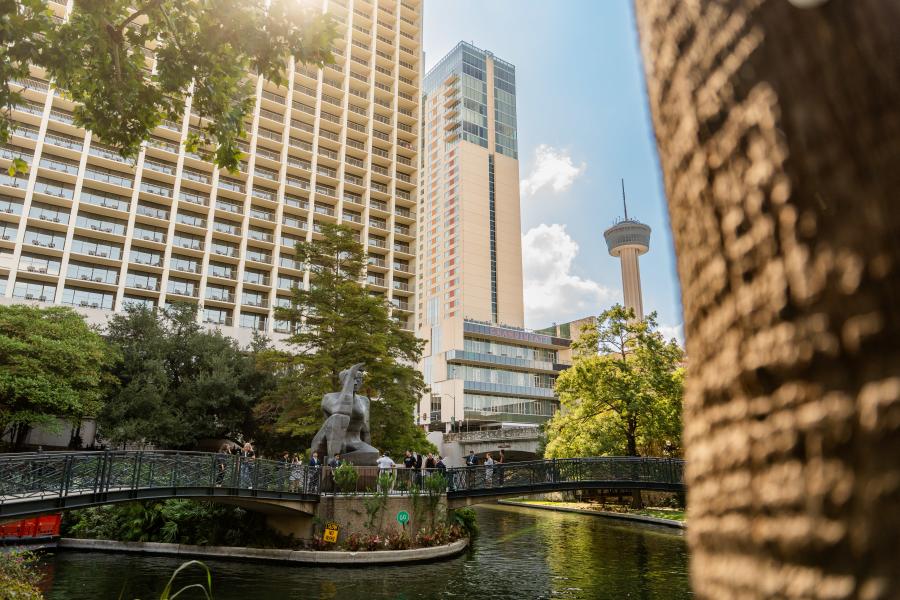 View of San Antonio River Walk overlooking Stargazer sculpture.