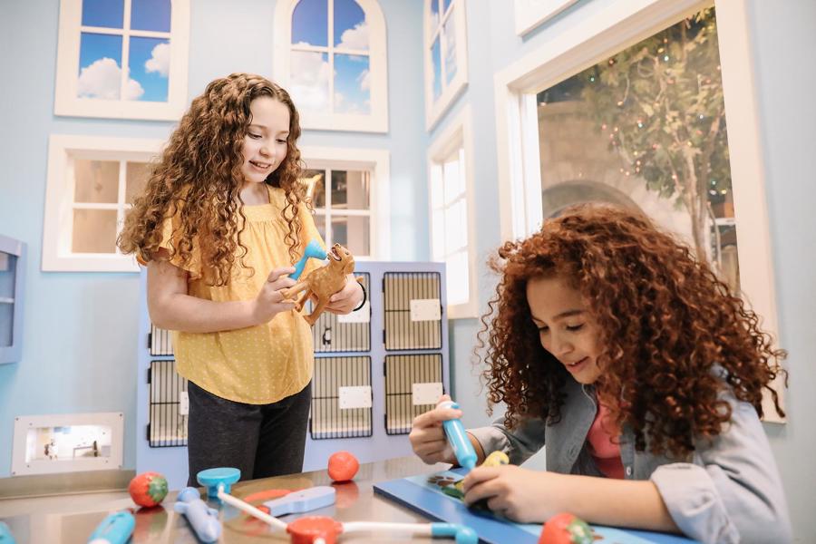 two girls interacting with toys