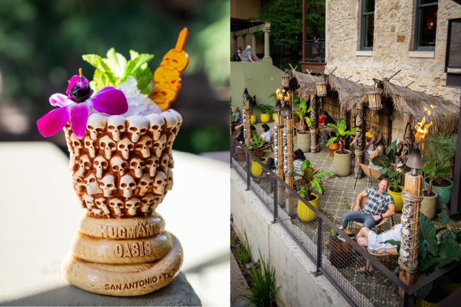 cocktail glass and patio for Hugman's Oasis