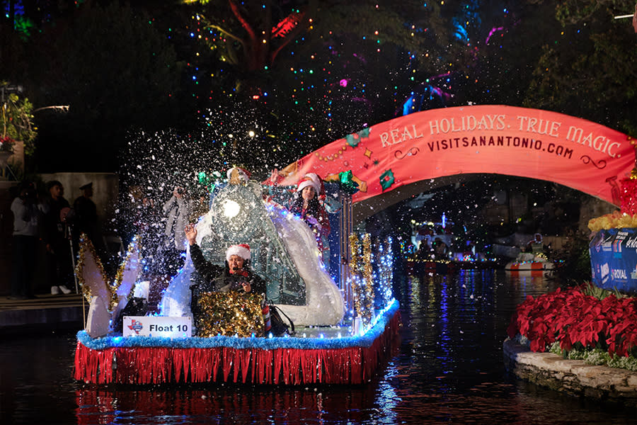 Holiday float with fake snow falling on it