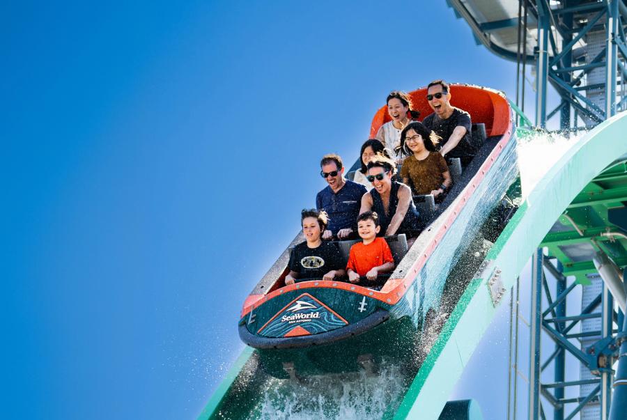 Family on rollercoaster on downward slope