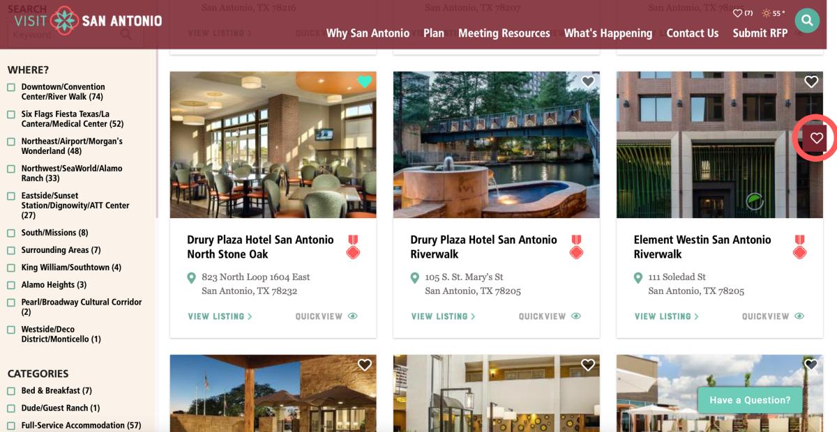 Screenshot of Visit San Antonio Hotel Listings with side heart icon circled