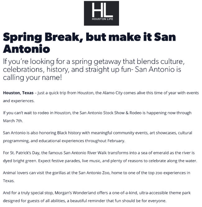 San Antonio Spring Break article in Houston Life
