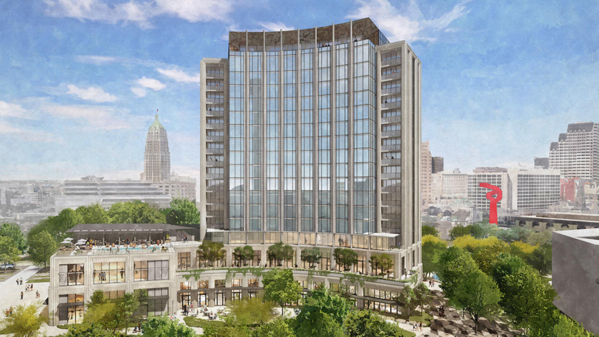 Rendering of exterior building of Monarch Hotel in San Antonio with skyline in background.